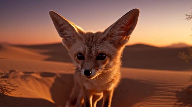 Curious Fennec Fox Emerges From Desert Burrow At Sunset