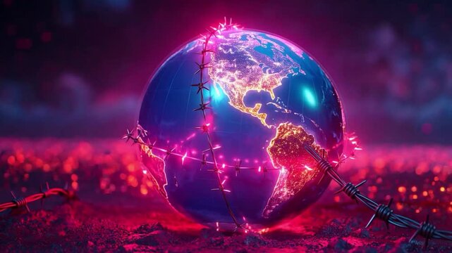Glowing planet digital globe neon light barbed wire cyber security global network cyberpunk world map data protection technology concept futuristic globe digital earth neon planet global network