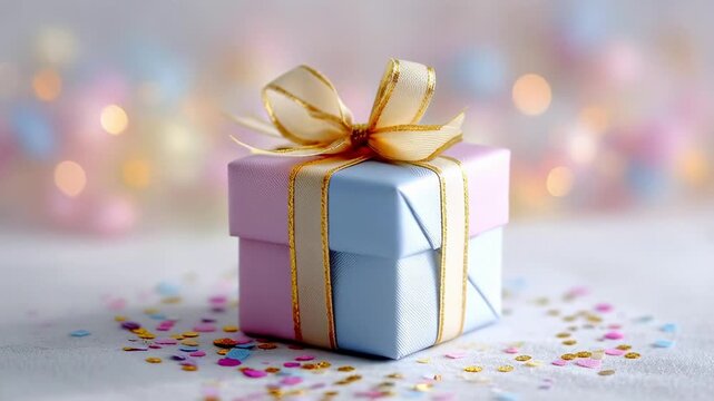 Charming pastel gift box decorated with gold ribbon surrounded by colorful confetti on soft background