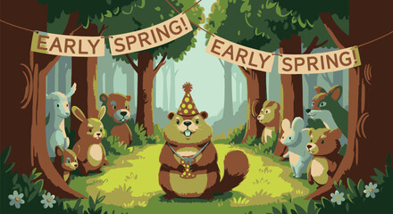 Obraz premium Cartoon Squirrel Celebrating Early Spring with Forest Friends.