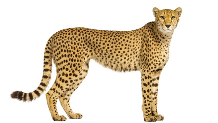 Isolated powerful spotted cheetah standing elegantly, looking alertly forward, full body wild cat. © Sylas