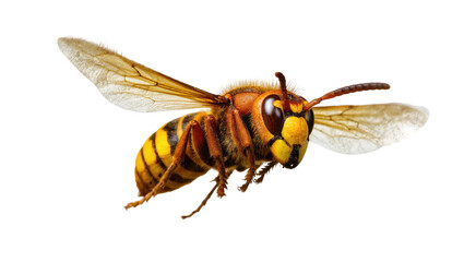 Isolated large hornet in flight, detailed macro shot of dangerous stinging insect