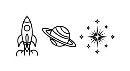 Space icon set with rocket ship planet and star line art © tere