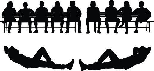 Black silhouette collection of people sitting on park benches and lying down in relaxed poses isolated on white background for urban lifestyle design © MStMarzina