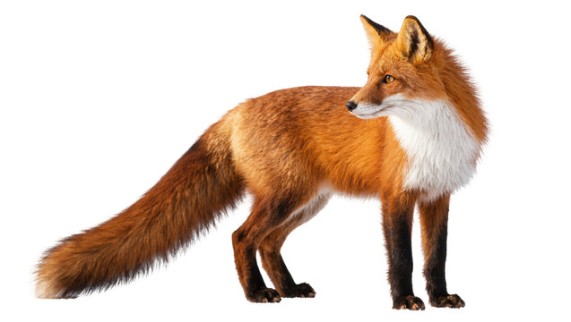 Isolated majestic red fox standing in profile, wild animal with rich orange fur