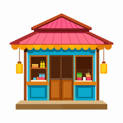 Obraz premium Vibrant cartoon-style illustration of a small shop with a pink scalloped roof, brown central door, twin bright windows and hanging yellow lanterns, viewed straight on in a lively market street scene