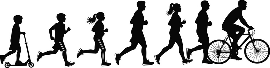 Black Silhouette Set of Active People Running Jogging Cycling and Riding Scooter Isolated on White Background for Sports Fitness Health and Marathon Design Projects