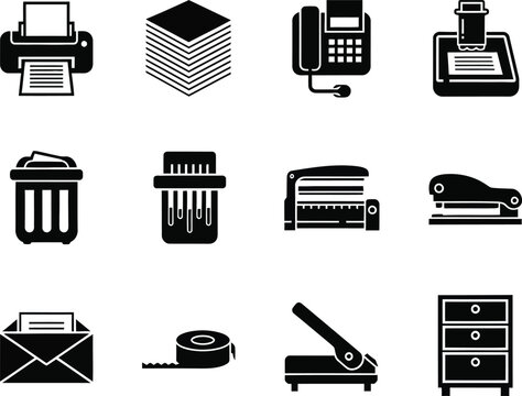 Collection of black office supply on white background printer stack of paper fax machine stamp trash can shredder stapler tape dispenser envelope tape roll hole punch filing cabinet office supplies