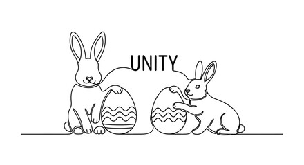 Fototapeta premium Two cartoon bunnies with Easter eggs and the word UNITY, line art