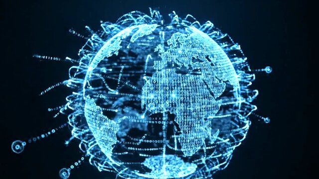 Digital globe with network connections and data visualization.
