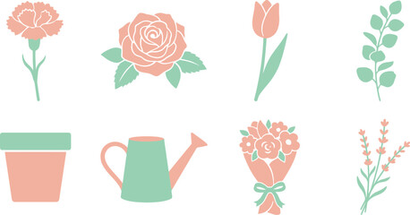 Mother's Day floral elements with carnation rose tulip eucalyptus branch flower pot watering can floral bouquet lavender sprig in blush pink peach mint green for Mother's Day floral design © Madhuka Disanayaka