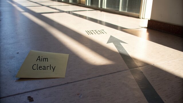 A motivational sign with the message Aim Clearly and arrow marking intent on a sunlit floor in a modern building space