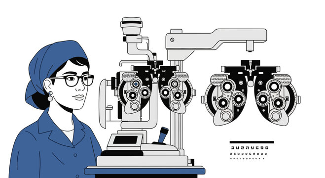 Optometrist Examining Vision Using Innovative Equipment In Modern And Contemporary Clinic