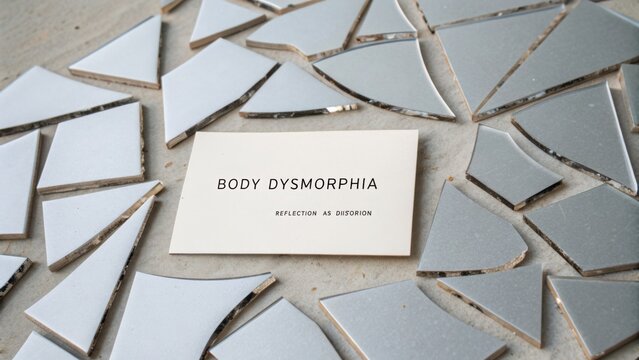 Broken mirror pieces arranged around a card with the text "Body Dysmorphia" emphasizing distortion in self-image perception