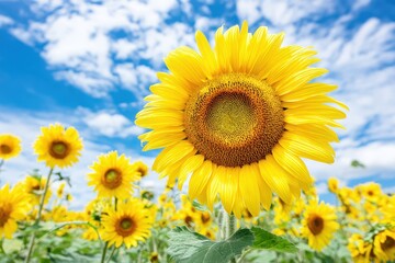 Fototapeta premium Bright yellow sunflowers bloom vibrantly under a clear blue sky in a sunny field.