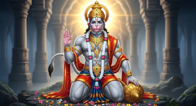Divine Hanuman idol in ancient temple with glowing aura