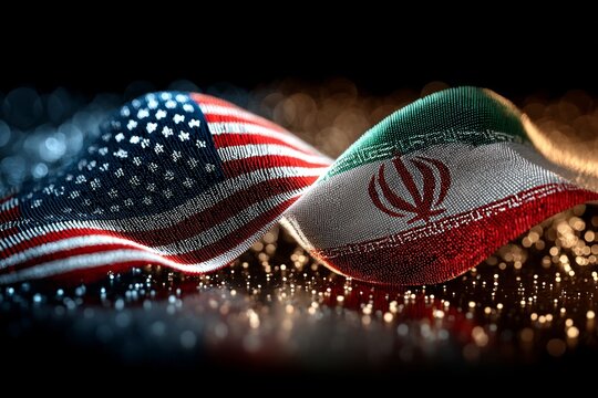 Clashing powers: the nuclear divide between usa and iran. Network connectivity. Atomic symbol amid us and iran tensions: a conflict overview. Network communication. Network signals.