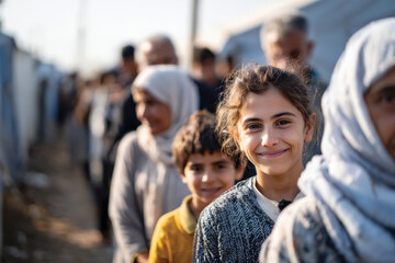 Obraz premium A young girl smiles brightly while standing in line with others at a refugee camp, symbolizing hope and resilience in difficult circumstances for displaced families.