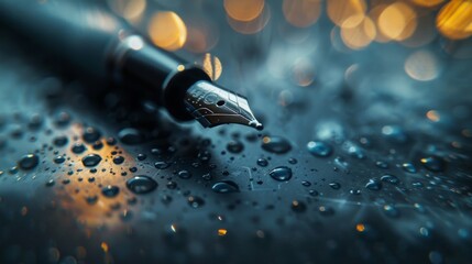 A drop of ink on a wet surface, surrounded by bokeh effects, symbolises the creative process overcoming chaos—making it ideal as a background for advertisements for stationery or literary events.