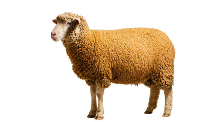 Isolated mature domestic sheep with thick, fluffy brown wool standing in profile view © Rowan