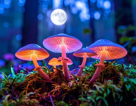 Magical Glowing Bioluminescent Mushrooms in a Dark Mystic Forest with Full Moon
