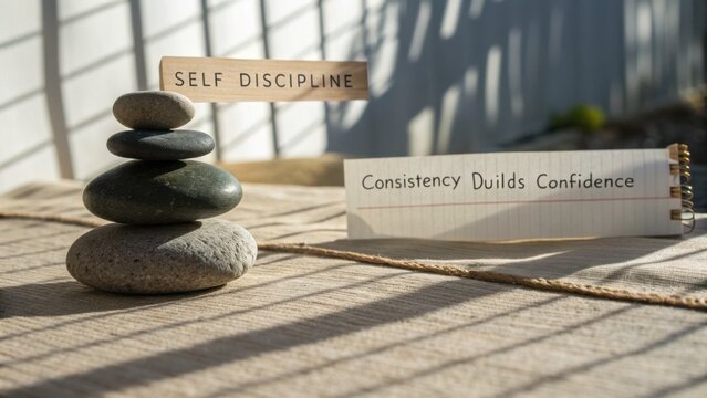 Inspirational motivational message with stacked stones showcasing self-discipline and consistency in personal growth journey