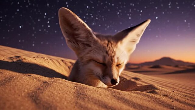 Fennec Fox Peeks Out of Desert Burrow Under Starry Sky