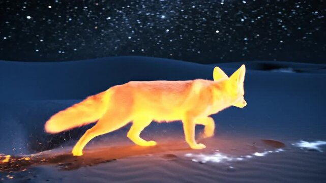 Fennec Fox Emerges from Desert Burrow Under Starry Night Sky