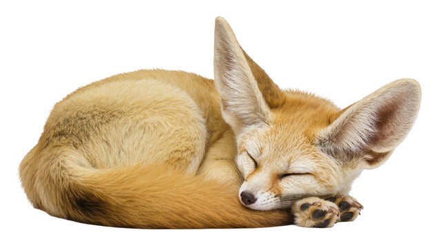 Isolated sleeping fennec fox curled up peacefully, resting with its characteristic large ears