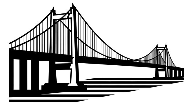 Black and white graphic illustration of a large suspension bridge spanning across a body of water, featuring prominent towers and intricate cable structures.