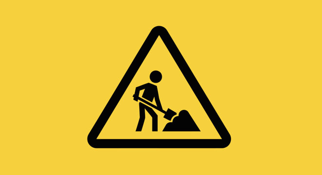 A black triangular warning sign with a stick figure digging, indicating 'men at work' or 'under construction' on a bright yellow background.