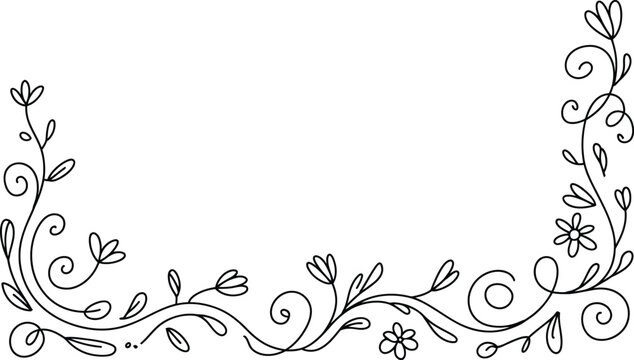 Whimsical hand-drawn floral border with delicate leaves and tiny flowers in a simple black line art style, perfect for creative projects.