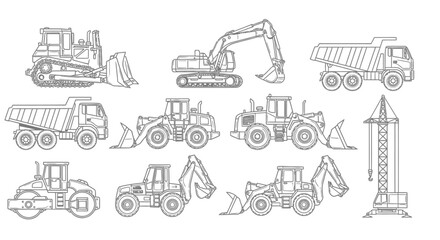 Collection of Heavy Construction Machinery Outline Icons on Isolated White Background © IMRONI