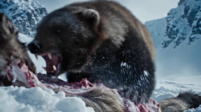 Fierce Wolverine Defends Its Fresh Kill in Snowy Mountains