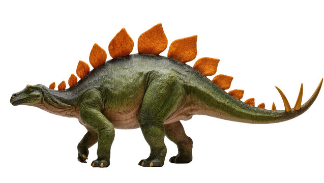 Isolated Stegosaurus dinosaur model with orange back plates and tail spikes, walking pose