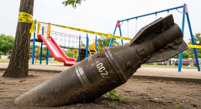 A large unexploded bomb lies on the ground in a playground with a yellow caution tape wrapped around a tree in the background and a red slide and swing set.