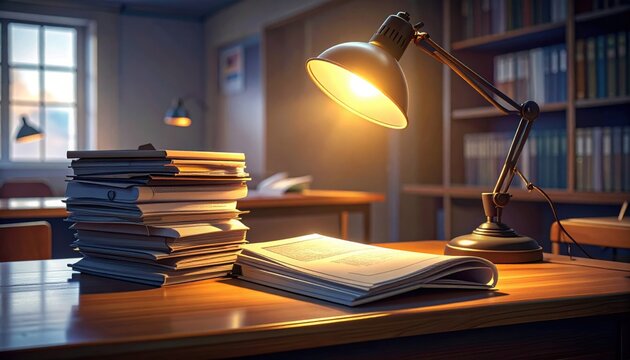 A stack of research papers and journals illuminated by a vintage desk lamp on a wooden table