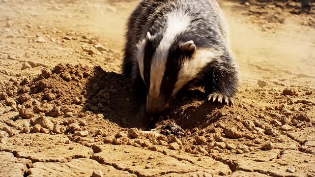 Fierce Honey Badger Digging Furiously For Grubs In Dry Earth