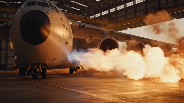 Cargo Plane Engine Igniting Intense Fiery Exhaust