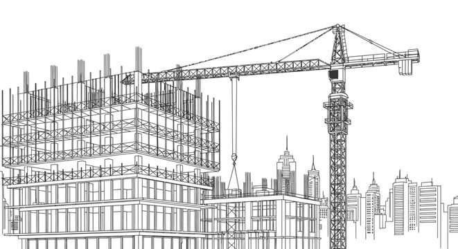 Building Under Construction Wireframe Blueprint with Crane and City Skyline on Isolated White Background
