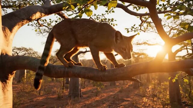 Fossa climbs baobab tree at sunset in Madagascar