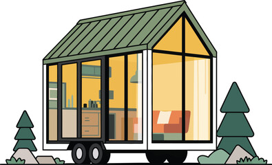 Obraz premium Stylish tiny house on wheels with a green roof and extensive glass windows showcasing a cozy interior, surrounded by minimalist trees