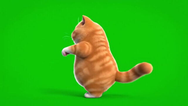 Chubby Orange Tabby Cat Character Walking on Hind Legs Green Screen