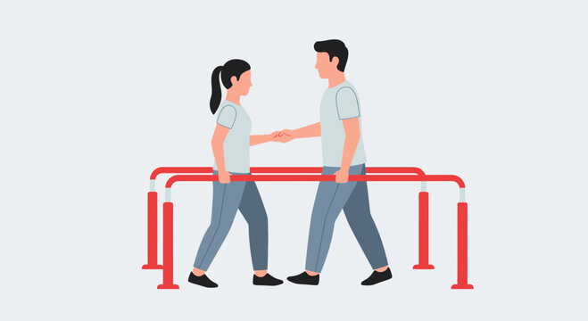 People Handshaking While Walking Between Parallel Bars Promoting Rehabilitation And Fitness