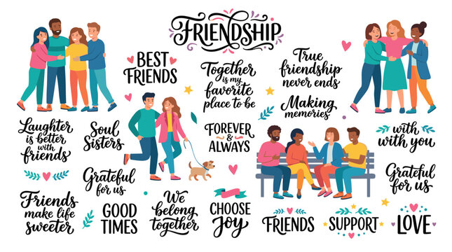 A set of handwritten friendship letters in graceful calligraphic script, presented as a bundle of decorative inscriptions against a white backdrop, rendered as a modern vector illustration