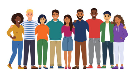 Fototapeta premium A stylized group of people, featuring cheerful young male and female figures posed together in a portrait, represents a diverse team of friends forming a united international community, rendered as a