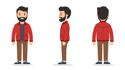 Fototapeta premium A charming, bearded Caucasian man with dark hair, smiling, wearing brown trousers and a red jacket, depicted as a flat cartoon figure on a white background from front, side, and back angles in vector