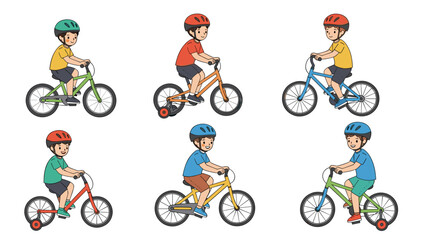 Fototapeta premium Collection of young children wearing safety helmets while riding bicycles and tricycles, set of various poses.