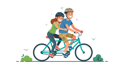 Fototapeta premium A lively couple rides a bicycle together, set against a white backdrop, with a joyful, affectionate male and female cyclist embracing in a flat vector illustration, smiling as they enjoy an outdoor