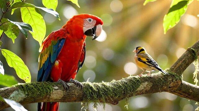 A vibrant red macaw and a smaller yellow bird sitting together on a mossy tree branch surrounded by green leaves. Perfect for wildlife illustrations, birdwatching guides, and nature